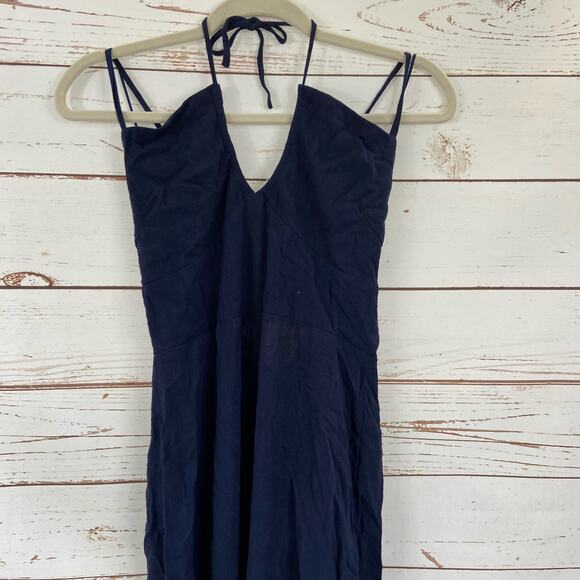 Windsor M Blue Linen Strappy Open Back Keyhole Flowy Straight Leg Jumpsuit - Picture 5 of 10